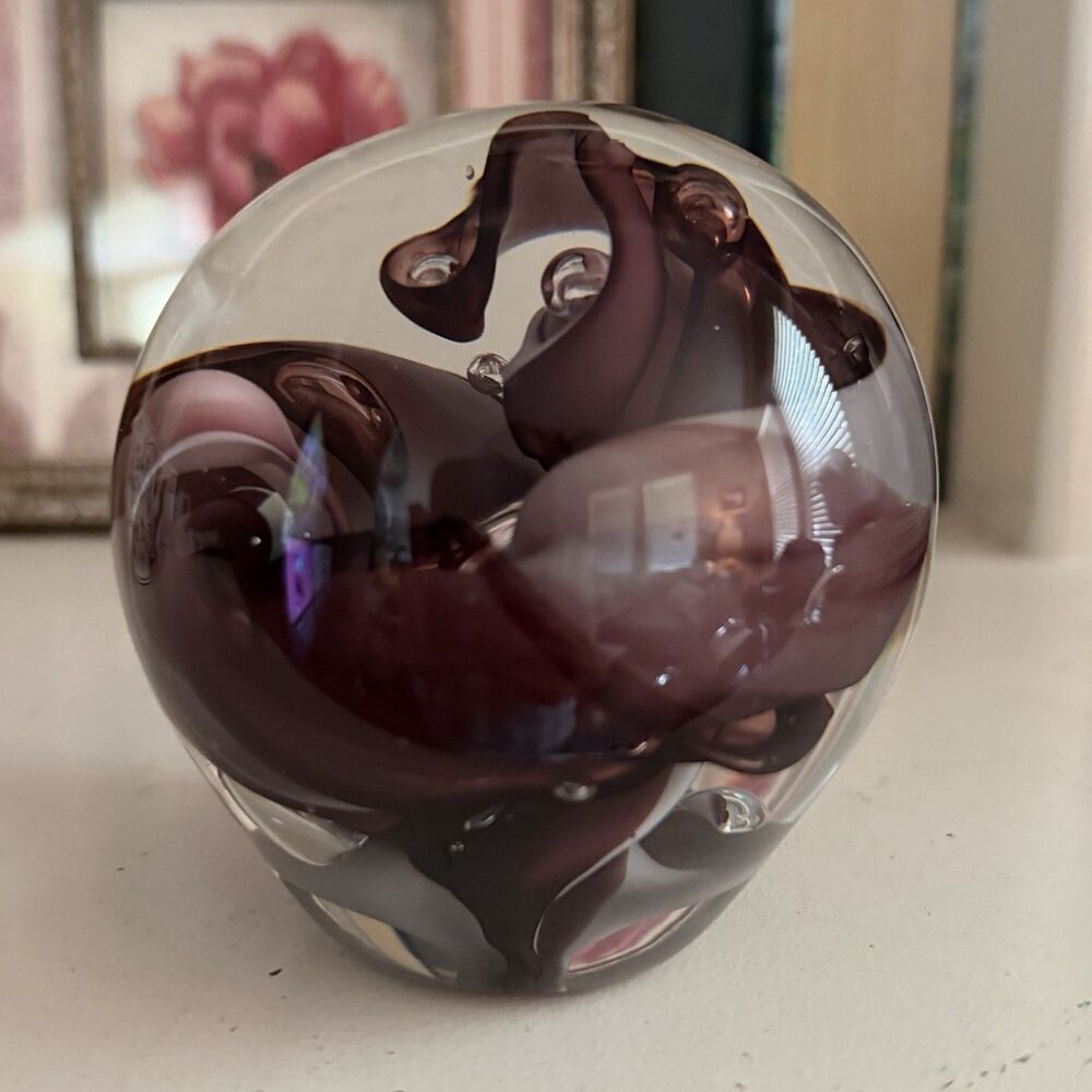 Vintage Art Glass Amethyst Bloom Controlled Bubble Paperweight Desk Decor